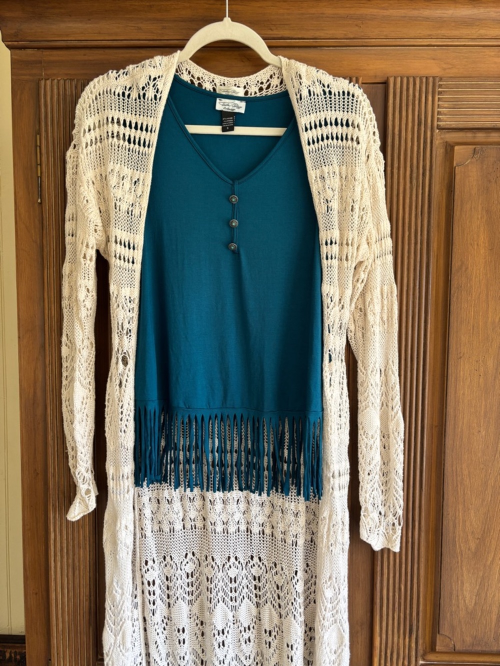Teal Fringe Henley Top by Tasha Polizzi